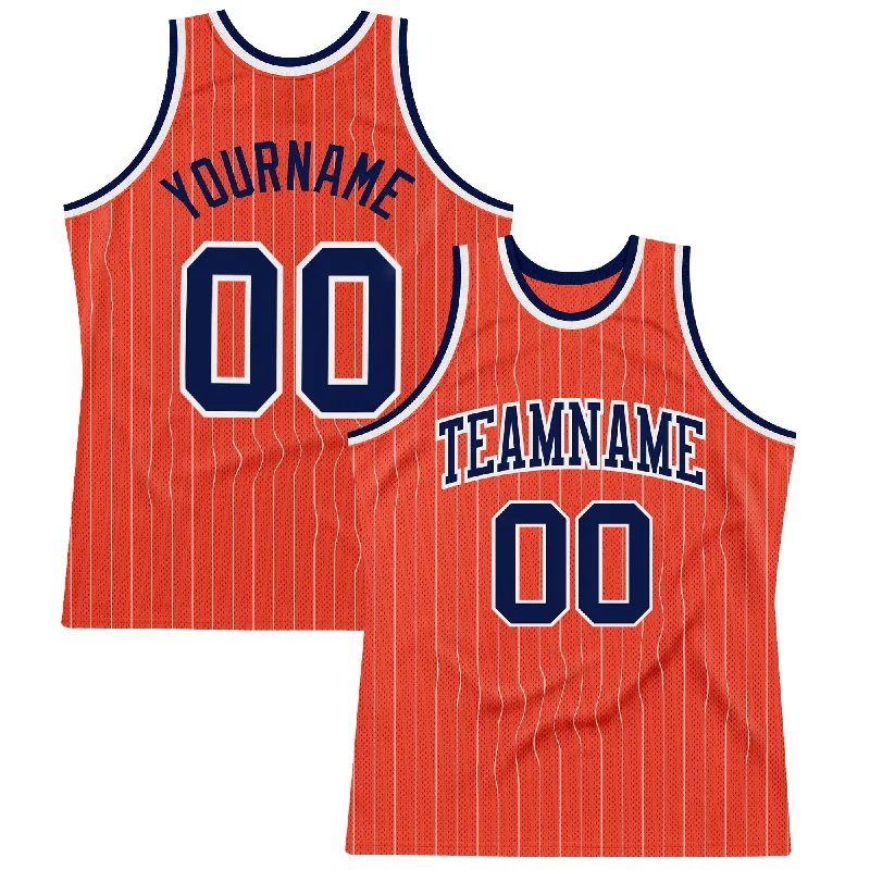 Basketball Jersey With Red And Blue-Custom Orange White Pinstripe Navy Authentic Basketball Jersey