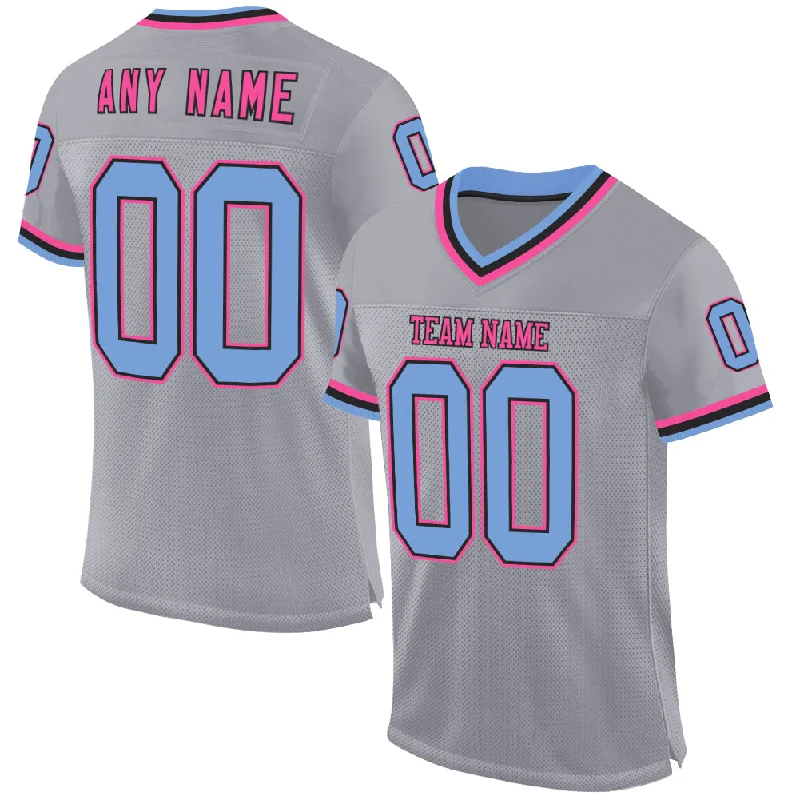 Football Jersey With Camo Print-Custom Gray Light Blue Black-Pink Mesh Authentic Throwback Football Jersey