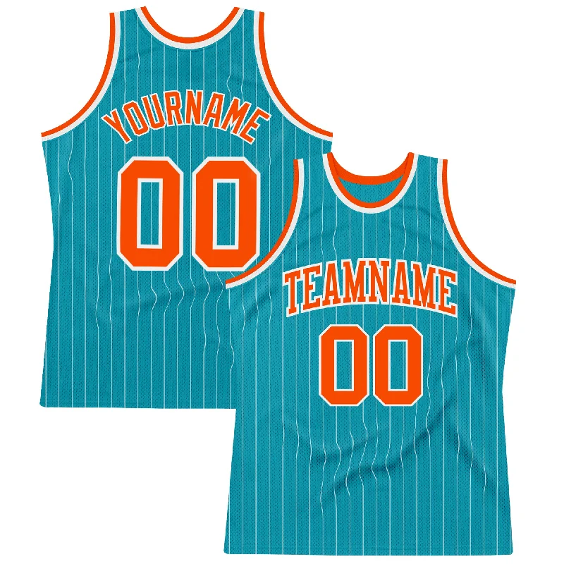 Basketball Jersey With Minimalist Look-Custom Teal White Pinstripe Orange Authentic Basketball Jersey