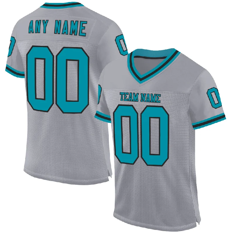 Football Jersey With High Durability-Custom Gray Teal-Black Mesh Authentic Throwback Football Jersey