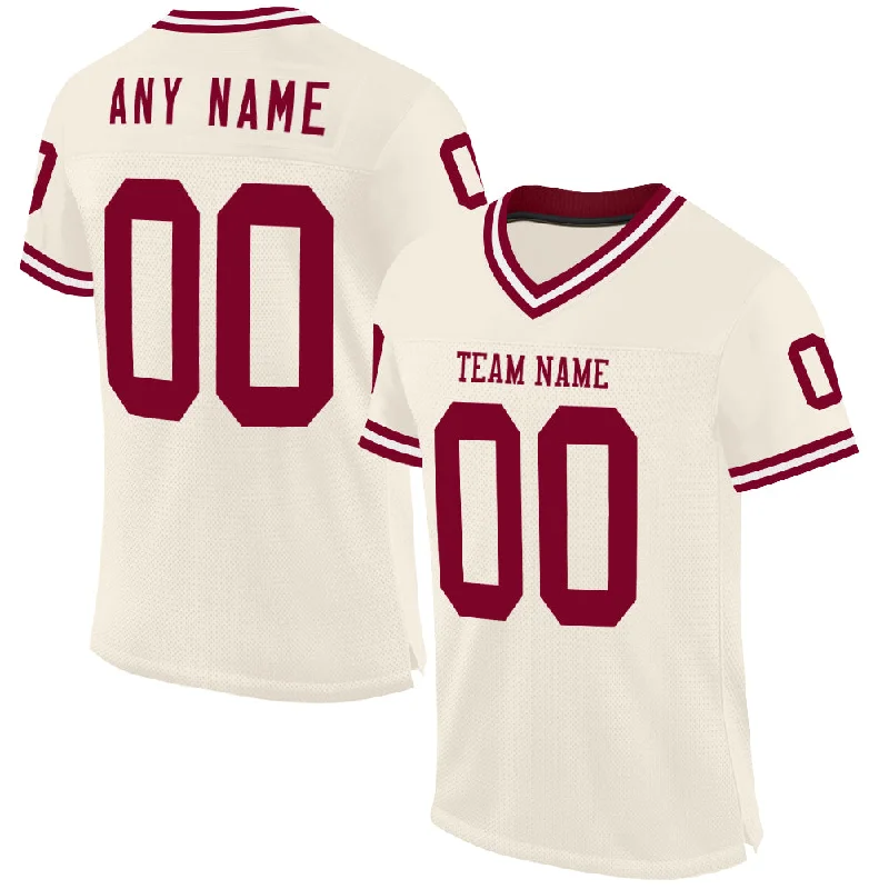 Football Jersey With Flag Football Theme-Custom Cream Maroon-White Mesh Authentic Throwback Football Jersey