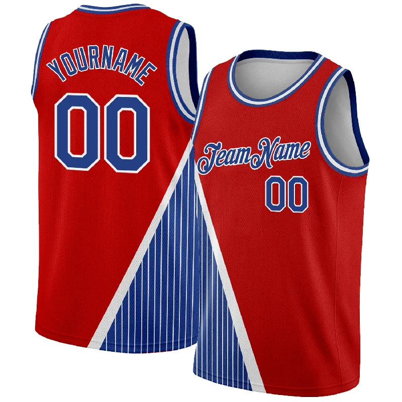 Basketball Jersey With Built-In Tank Top-Custom Red Royal-White Triangle Pinstripes Authentic City Edition Basketball Jersey