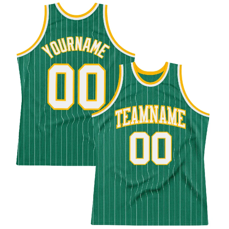 Basketball Jersey With Compression Layer-Custom Kelly Green White Pinstripe White-Gold Authentic Basketball Jersey