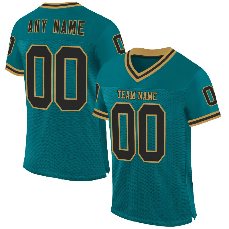 Football Jersey With Inspirational Quotes-Custom Teal Black-Old Gold Mesh Authentic Throwback Football Jersey