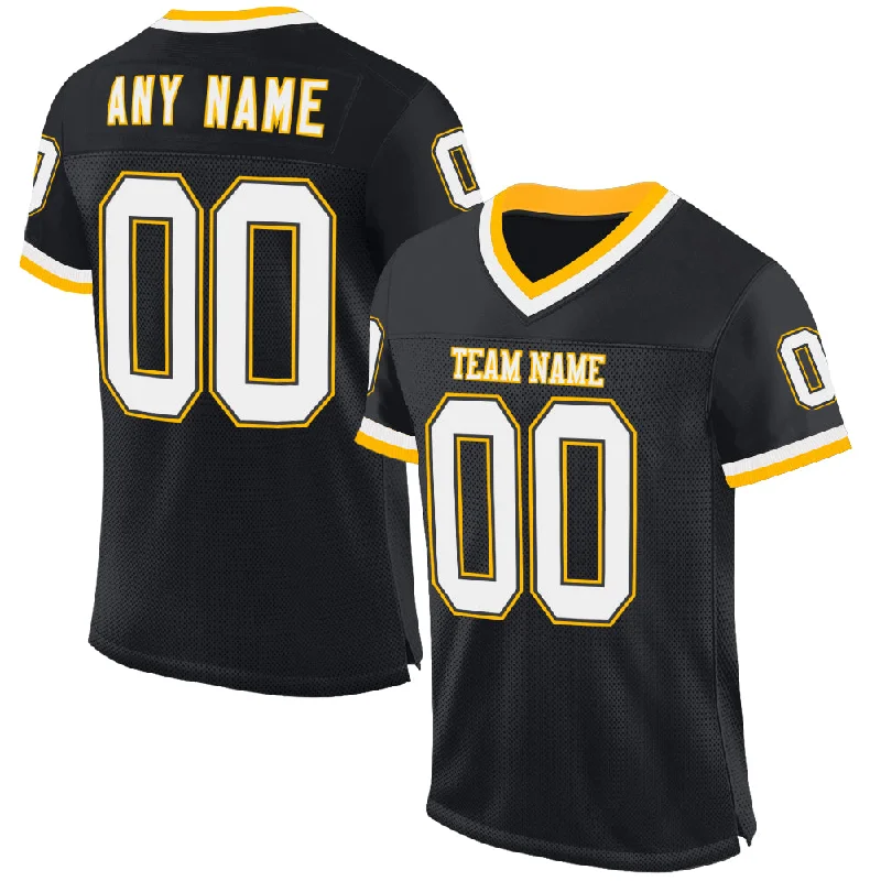 Football Jersey With Custom Font Styles-Custom Black White-Gold Mesh Authentic Throwback Football Jersey