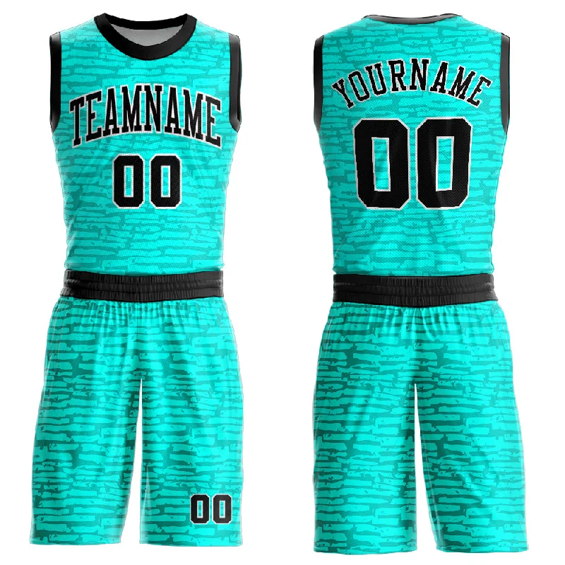 Basketball Jersey With Color Block Pattern-Custom Aqua Black-White Round Neck Sublimation Basketball Suit Jersey