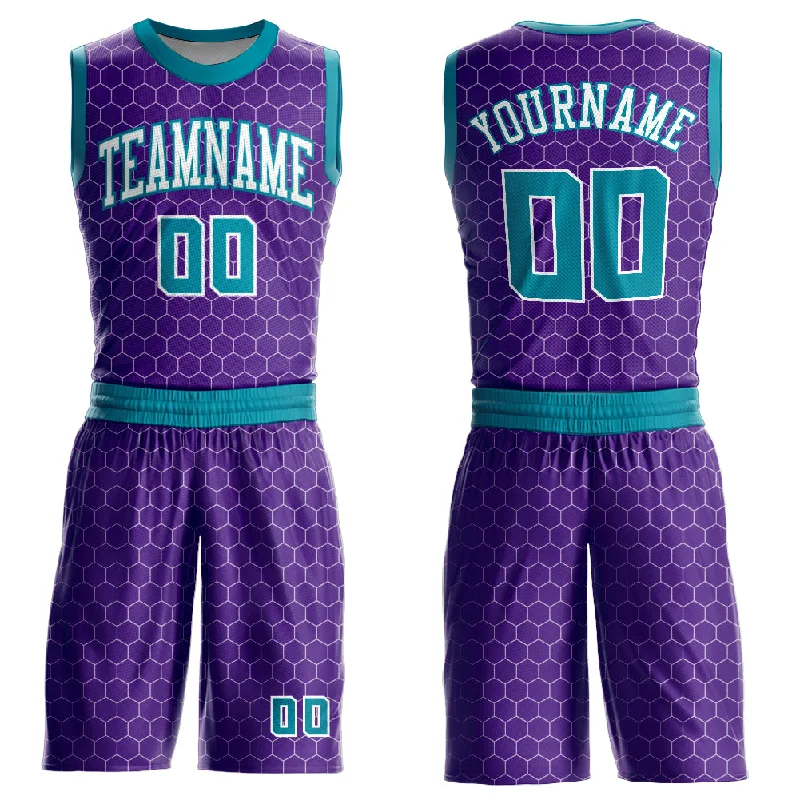 Basketball Jersey With Side Slits-Custom Purple Teal-White Round Neck Sublimation Basketball Suit Jersey