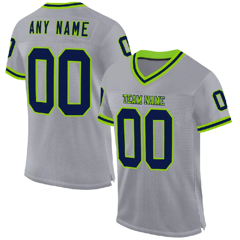 Football Jersey With Short Sleeves-Custom Gray Navy-Neon Green Mesh Authentic Throwback Football Jersey