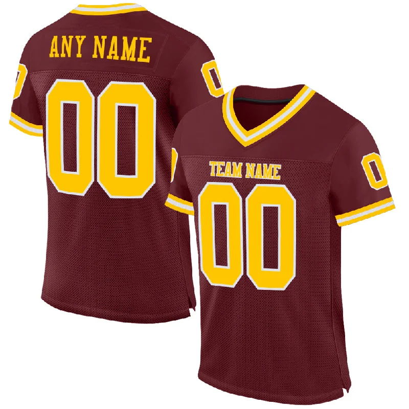 Football Jersey With Airflow Channels-Custom Burgundy Gold-White Mesh Authentic Throwback Football Jersey