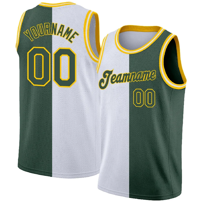 Basketball Jersey With Classic Fit-Custom White Hunter Green-Gold Authentic Split Fashion Basketball Jersey