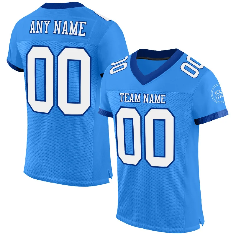 Football Jersey With High School Team Logos-Custom Powder Blue White-Royal Mesh Authentic Football Jersey