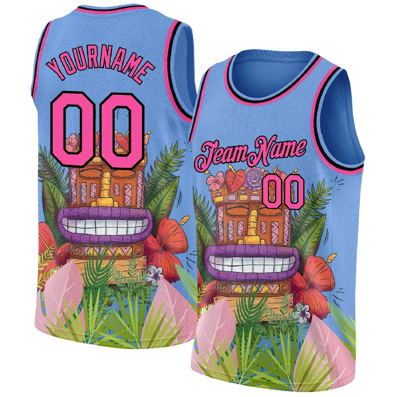 Basketball Jersey With Championship Edition-Custom Light Blue Pink-Black 3D Pattern Cartoon Tropical Hawaii Rainforest Authentic Basketball Jersey