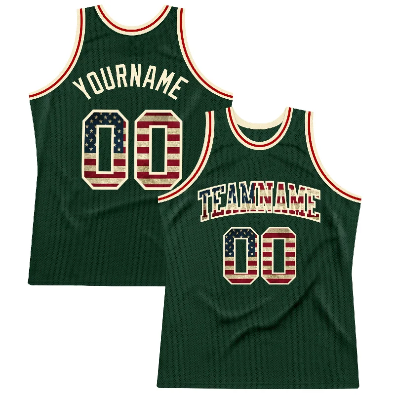 Basketball Jersey With Elastic Armholes-Custom Hunter Green Vintage USA Flag-Cream Authentic Throwback Basketball Jersey