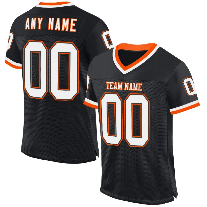 Football Jersey With Anime Graphics-Custom Black White-Orange Mesh Authentic Throwback Football Jersey