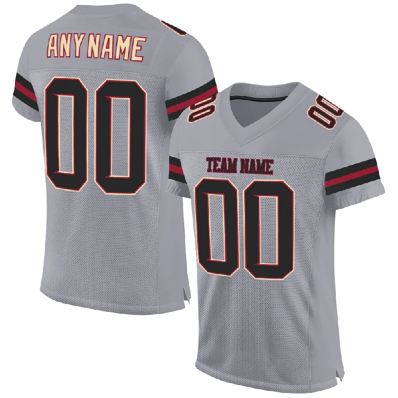 Football Jersey With Exclusive Branding-Custom Light Gray Black-Crimson Mesh Authentic Football Jersey