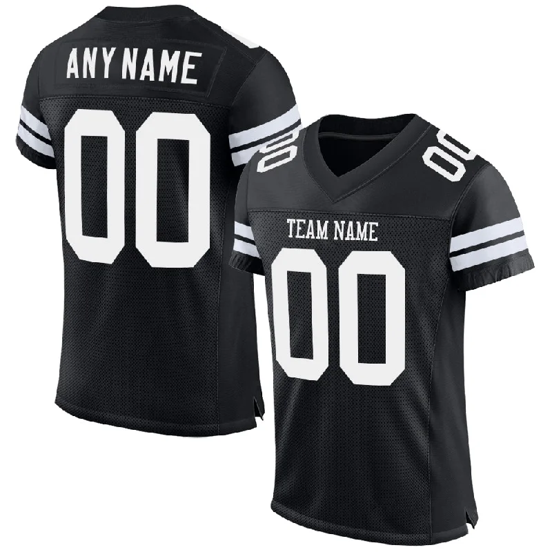 Football Jersey With V-Neck Collar-Custom Black White Mesh Authentic Football Jersey