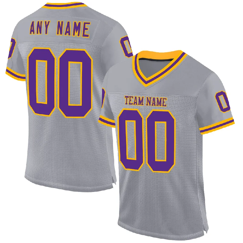 Football Jersey With Long Sleeves-Custom Gray Purple-Gold Mesh Authentic Throwback Football Jersey