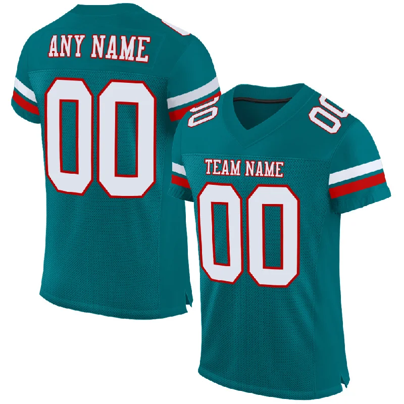 Football Jersey With 360-Degree Stretch-Custom Teal White-Red Mesh Authentic Football Jersey