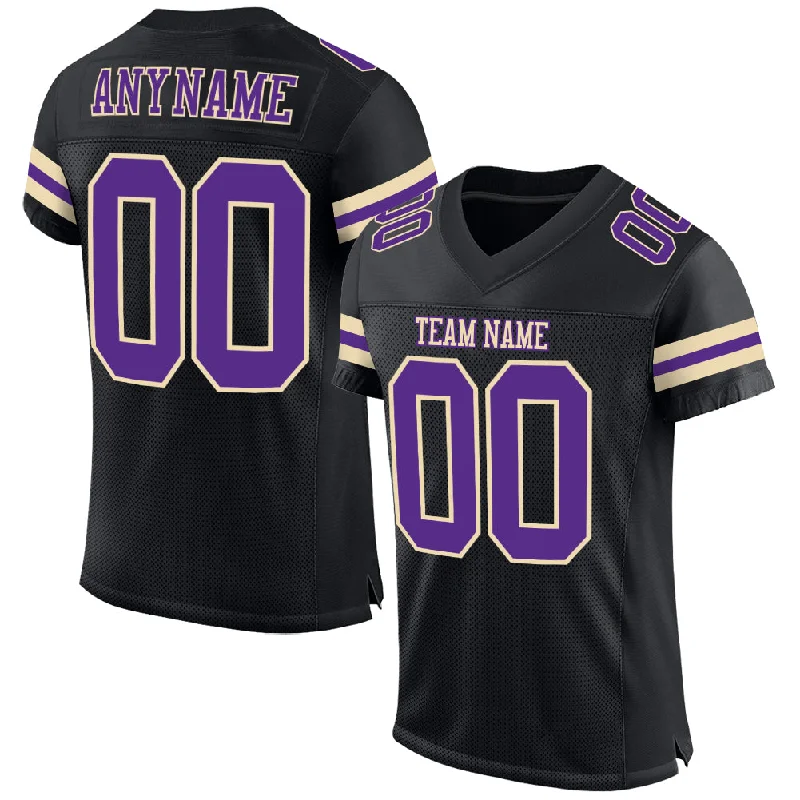 Football Jersey With High-End Materials-Custom Black Purple-Cream Mesh Authentic Football Jersey