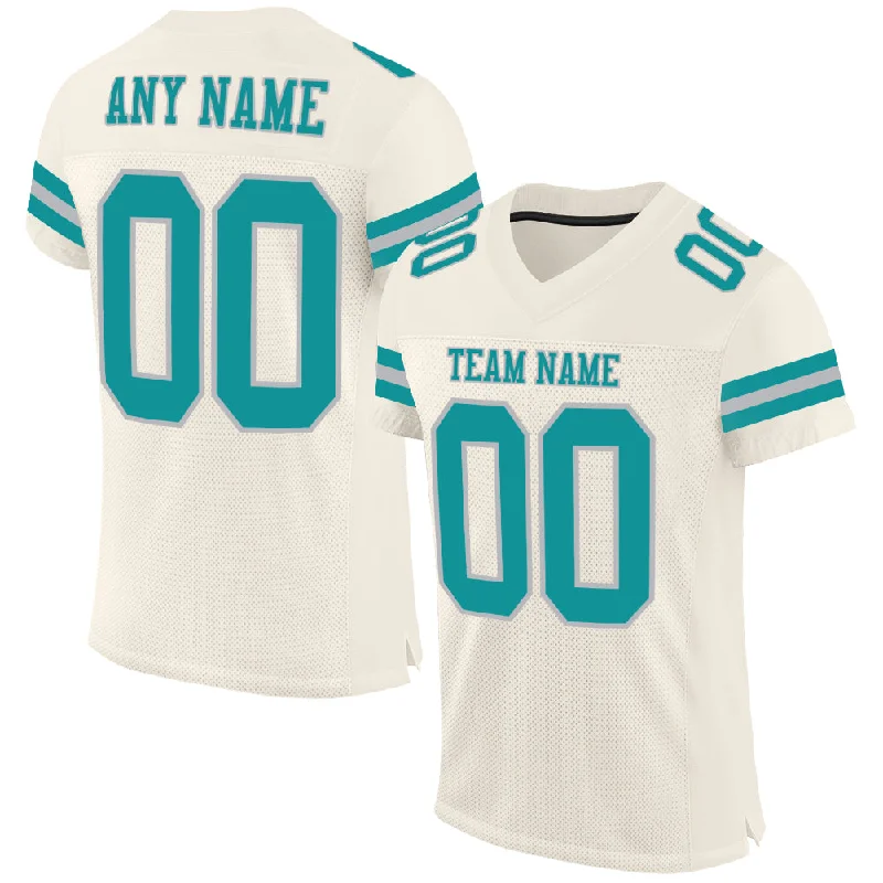 Football Jersey With College Team Logos-Custom Cream Teal-Gray Mesh Authentic Football Jersey