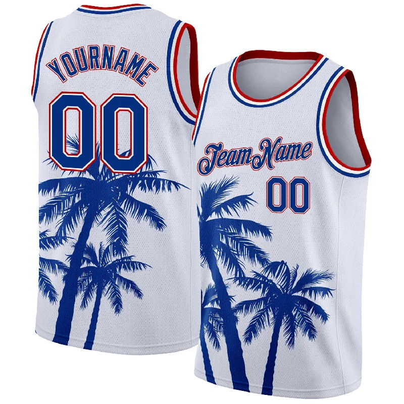 Basketball Jersey For Streetball-Custom White Royal-Red 3D Pattern Tropical Hawaii Coconut Trees Authentic Basketball Jersey