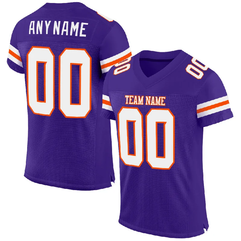 Football Jersey With Reinforced Neckline-Custom Purple White-Orange Mesh Authentic Football Jersey