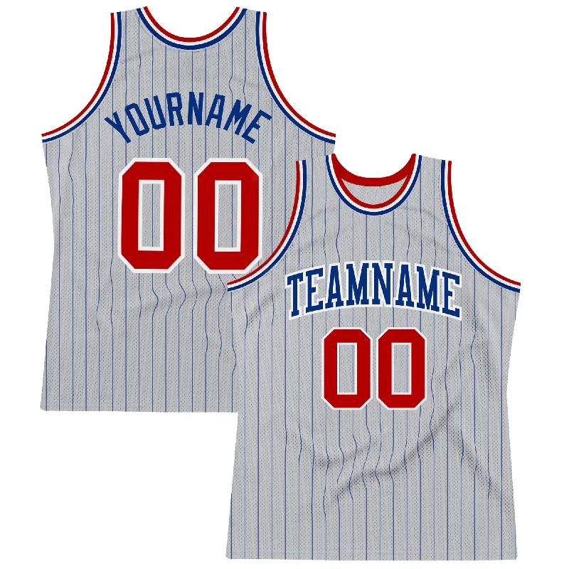 Basketball Jersey With Iconic Number-Custom Gray Royal Pinstripe Red-White Authentic Basketball Jersey