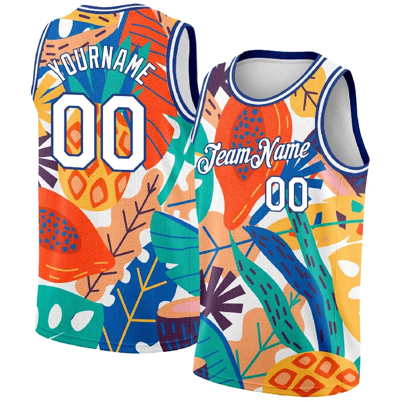 Basketball Jersey With Padded Shoulders-Custom White Royal 3D Pattern Abstract Tropical Hawaii Plant Authentic Basketball Jersey