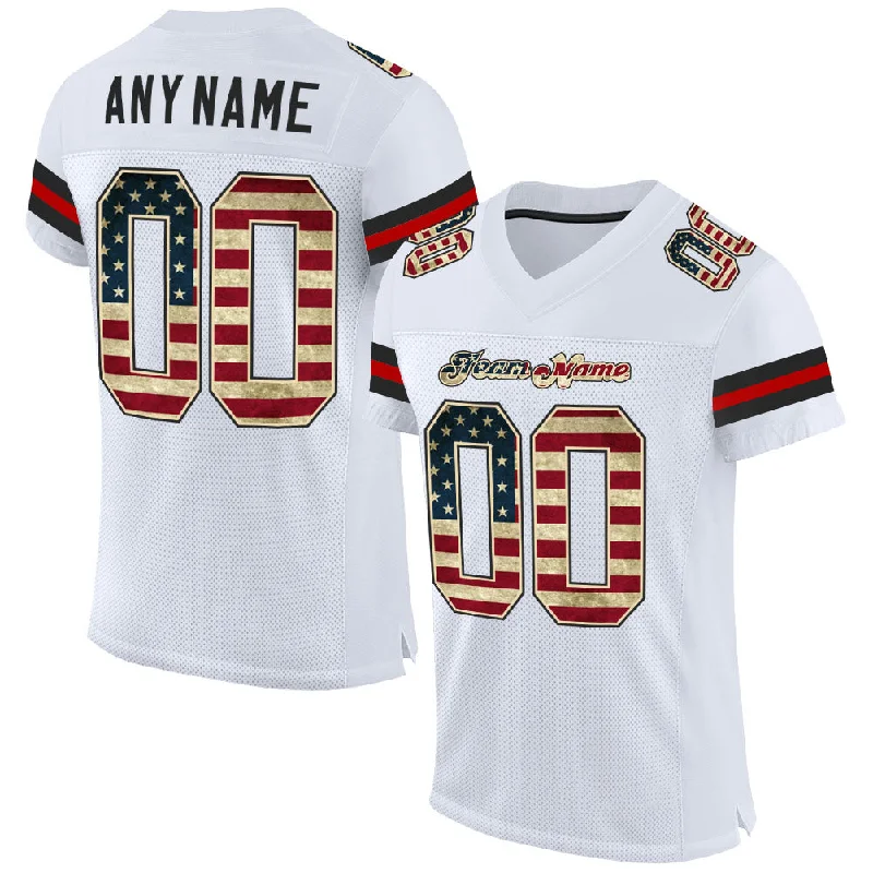 Football Jersey With Modern Athletic Cut-Custom White Vintage USA Flag-Black Mesh Authentic Football Jersey