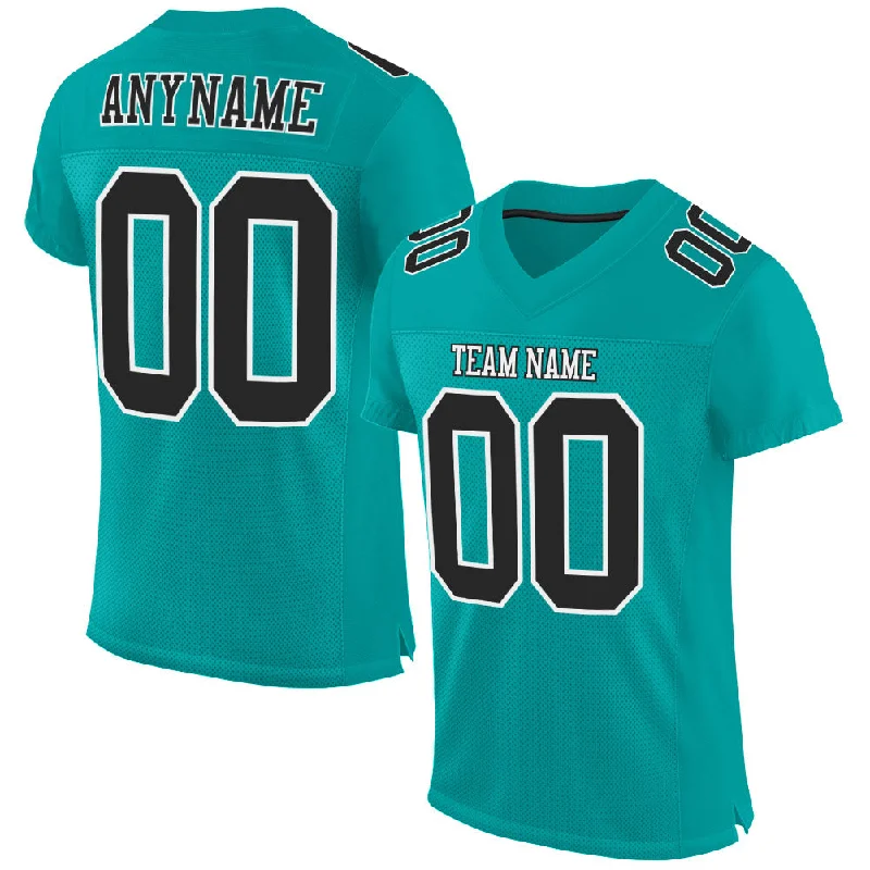 Football Jersey With Classic Pinstripes-Custom Aqua Black-White Mesh Authentic Football Jersey