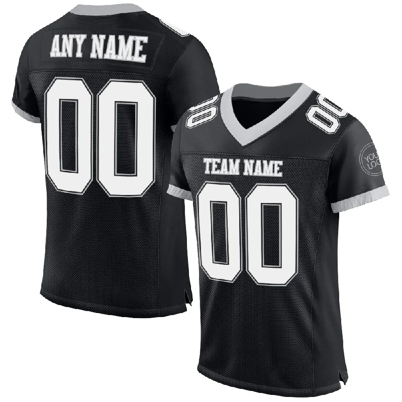 Football Jersey With Tribal Designs-Custom Black White-Gray Mesh Authentic Football Jersey