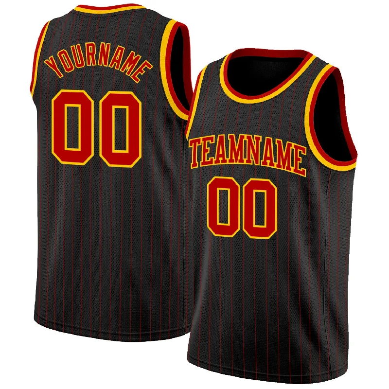 Basketball Jersey With Motion-Flex Tech-Custom Black Red Pinstripe Red-Gold Authentic Basketball Jersey