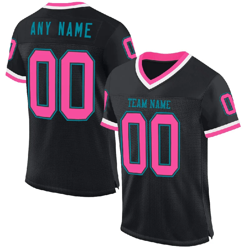 Football Jersey With Compression Fit-Custom Black Pink-Teal Mesh Authentic Throwback Football Jersey