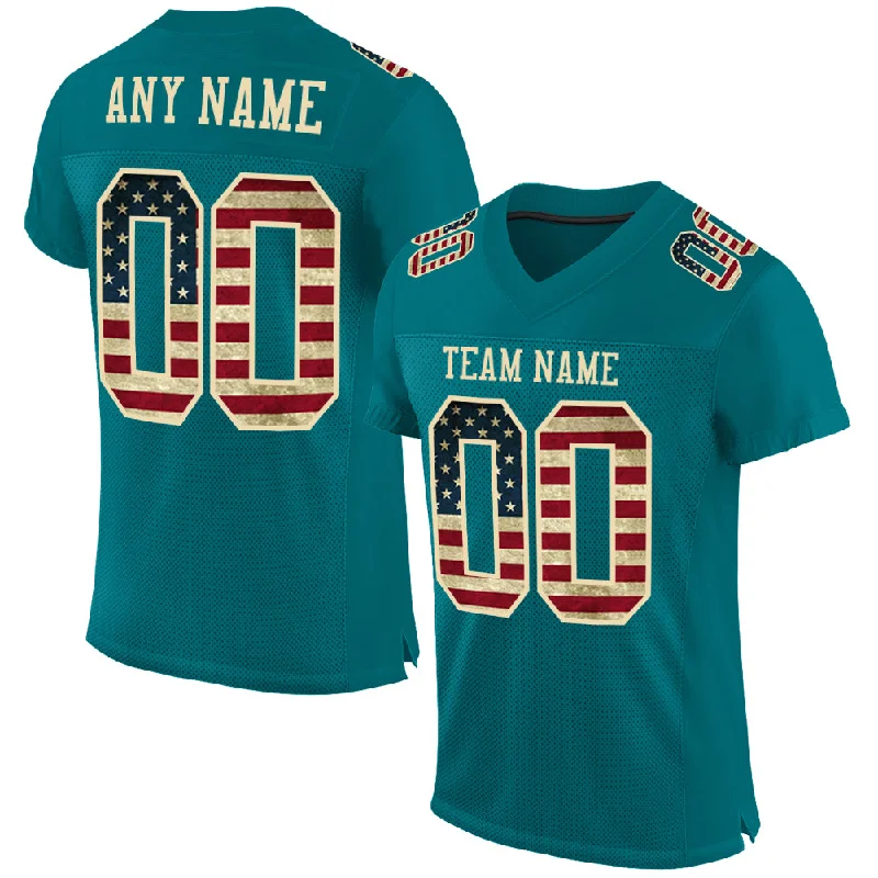 Football Jersey With Ventilated Side Panels-Custom Teal Vintage USA Flag-City Cream Mesh Authentic Football Jersey