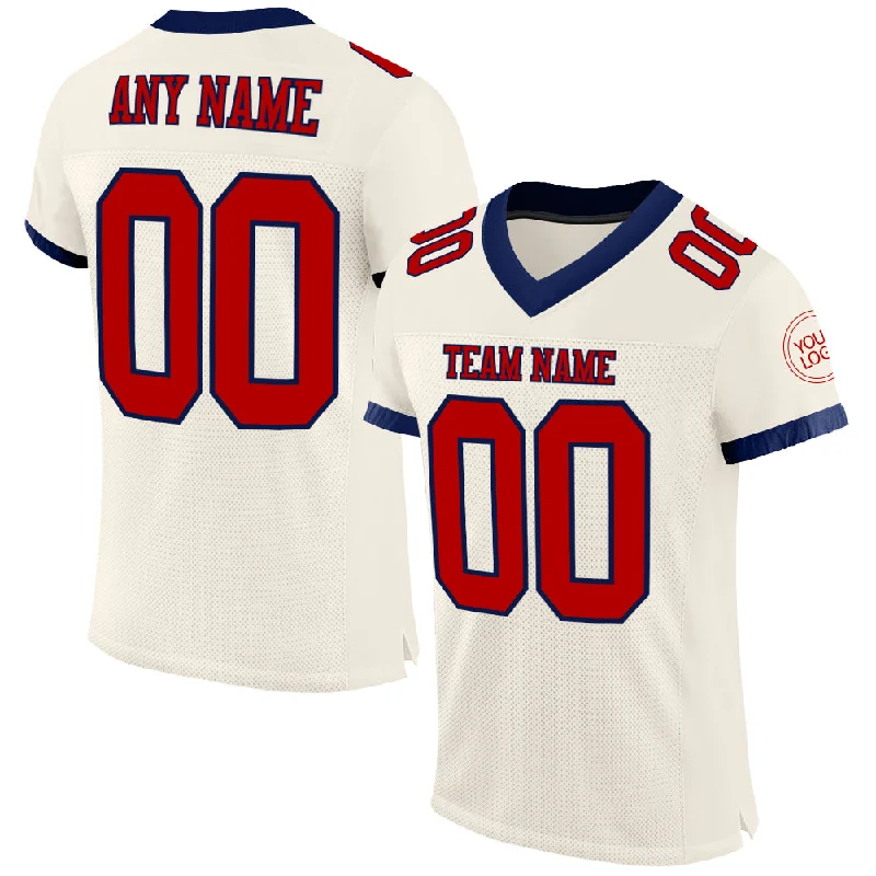 Football Jersey With Classic Pinstripes-Custom Cream Red-Navy Mesh Authentic Football Jersey