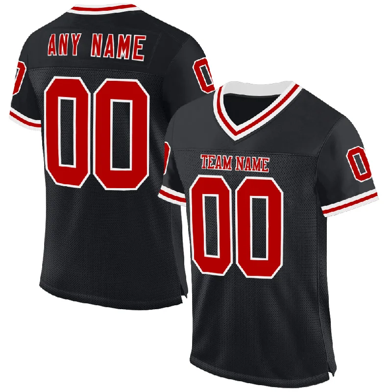 Football Jersey With Streetwear Influence-Custom Black Red-White Mesh Authentic Throwback Football Jersey