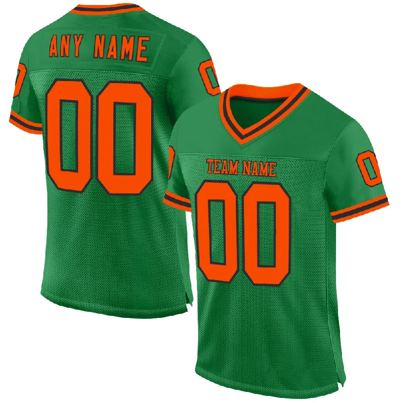 Football Jersey With Satin Finish-Custom Grass Green Orange-Black Mesh Authentic Throwback Football Jersey