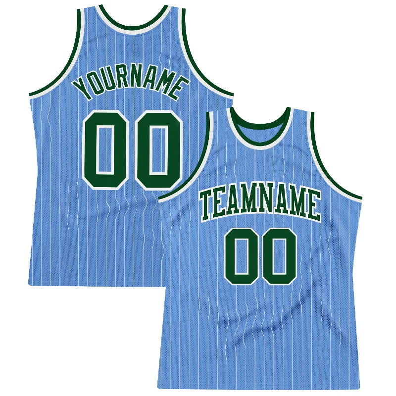 Basketball Jersey With Classic Pinstripes-Custom Light Blue White Pinstripe Green Authentic Basketball Jersey