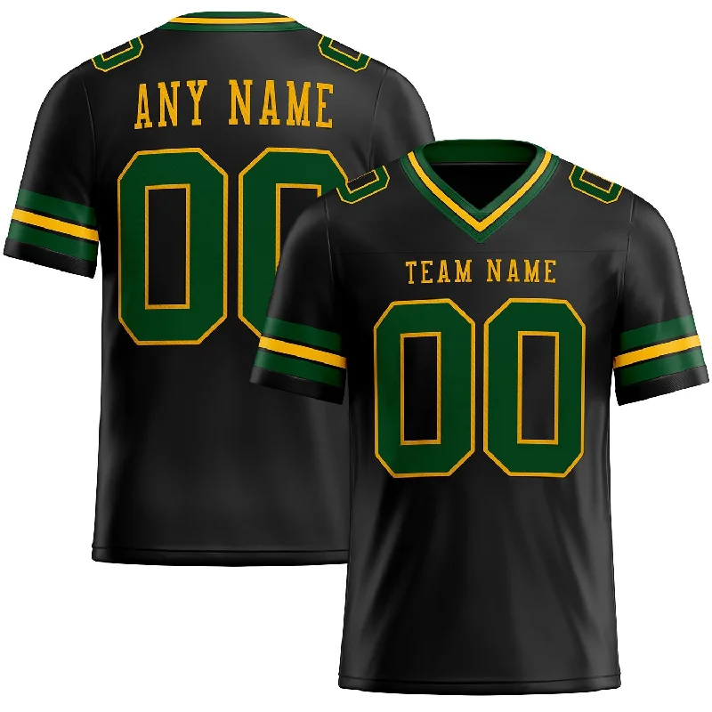 Football Jersey With Extended Length-Custom Black Green-Gold Mesh Authentic Football Jersey