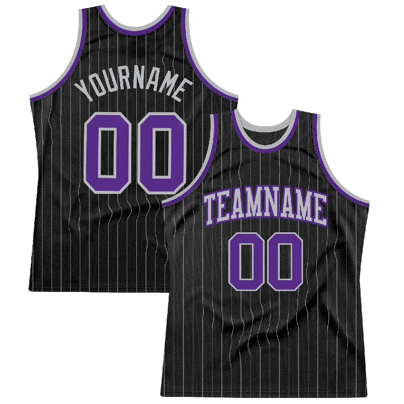 Basketball Jersey For Youth-Custom Black Gray Pinstripe Purple-Gray Authentic Basketball Jersey