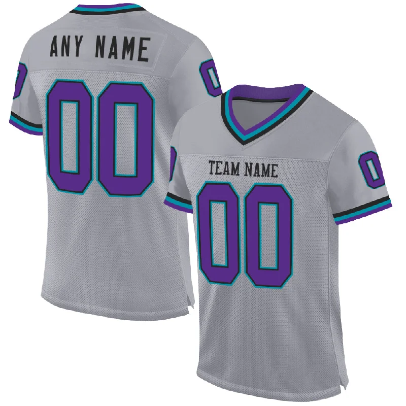 Football Jersey For Tall Players-Custom Gray Purple Black-Teal Mesh Authentic Throwback Football Jersey