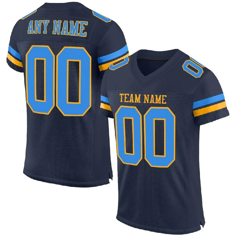 Football Jersey With Smart Fabric Technology-Custom Navy Powder Blue-Gold Mesh Authentic Football Jersey