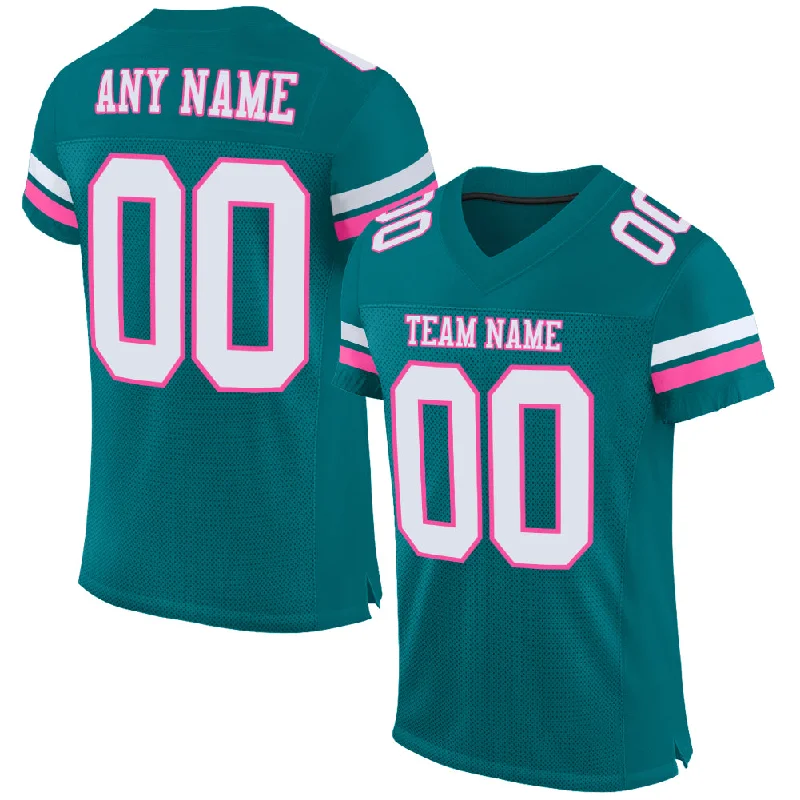 Football Jersey With Reinforced Neckline-Custom Teal White-Pink Mesh Authentic Football Jersey