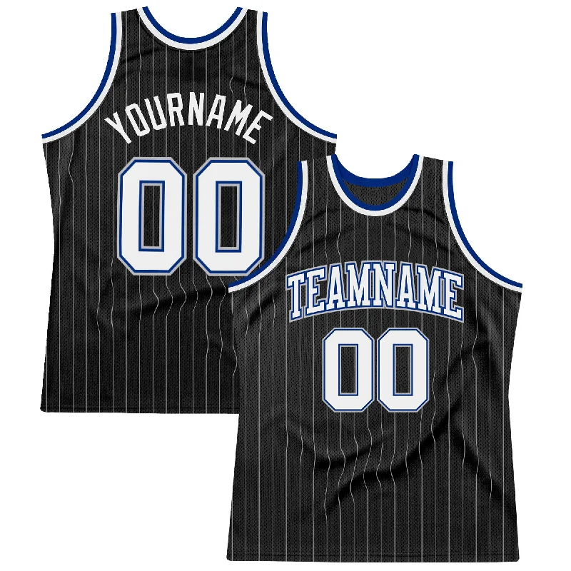 Basketball Jersey With Snap Button Closure-Custom Black Gray Pinstripe White-Royal Authentic Basketball Jersey