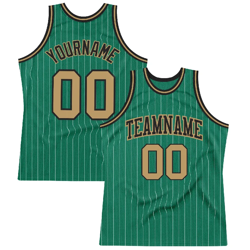 Basketball Jersey With Puffy Print-Custom Kelly Green White Pinstripe Old Gold-Black Authentic Basketball Jersey