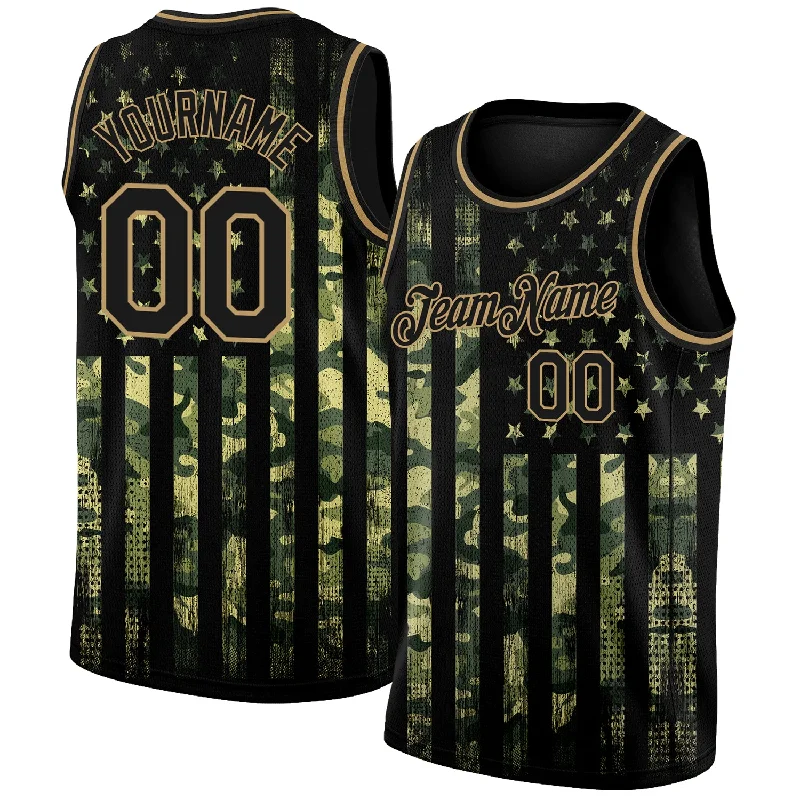 Basketball Jersey With Premium Stitching-Custom Camo Black-Old Gold 3D American Flag Fashion Authentic Salute To Service Basketball Jersey