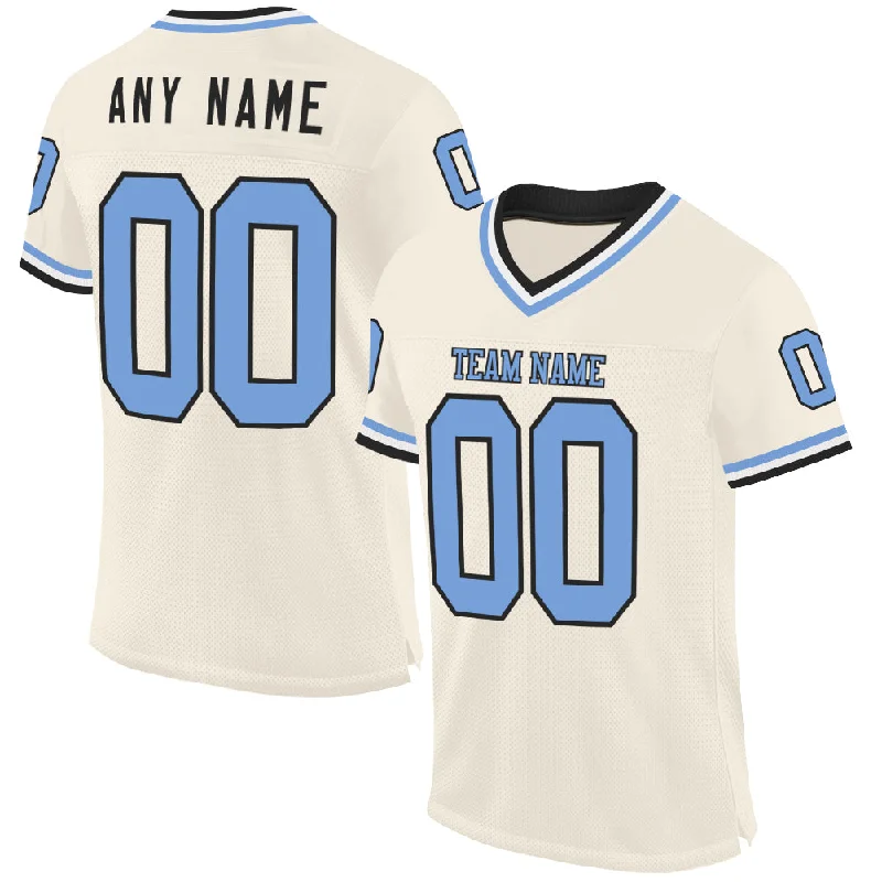 Football Jersey With UV Protection-Custom Cream Light Blue Black-White Mesh Authentic Throwback Football Jersey