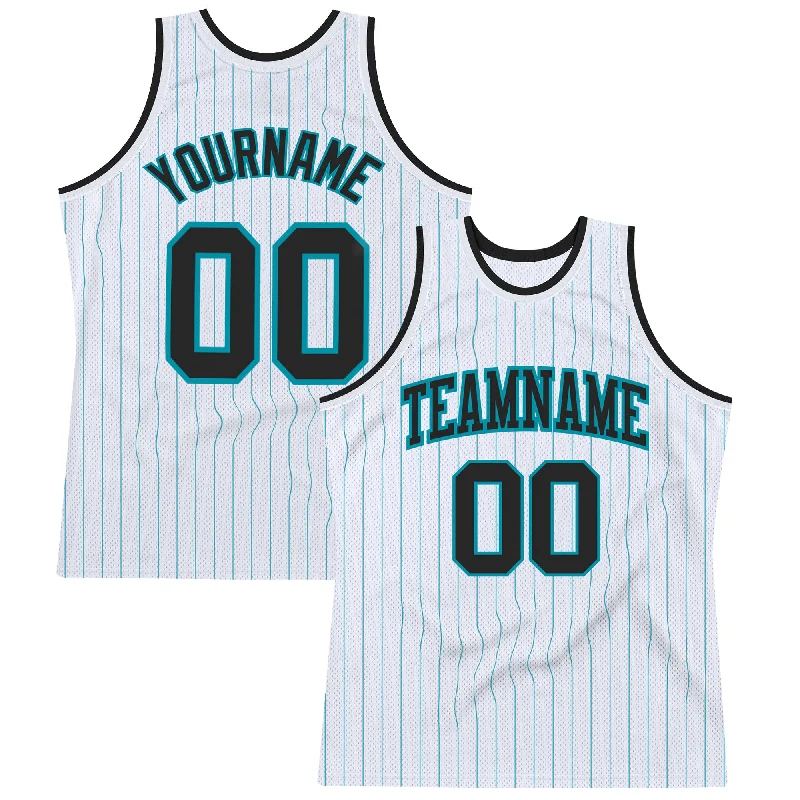 Basketball Jersey With Exclusive Branding-Custom White Teal Pinstripe Black Authentic Basketball Jersey