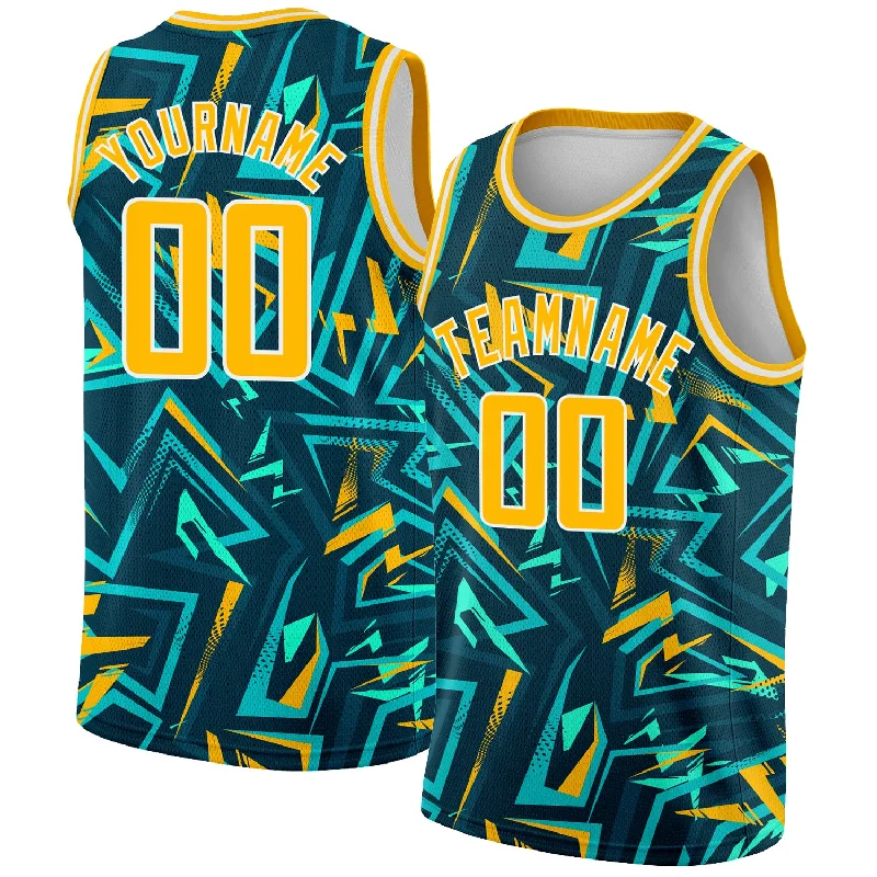 Basketball Jersey With Tribal Designs-Custom Green Gold-White 3D Pattern Design Abstract Grunge Art Authentic Basketball Jersey