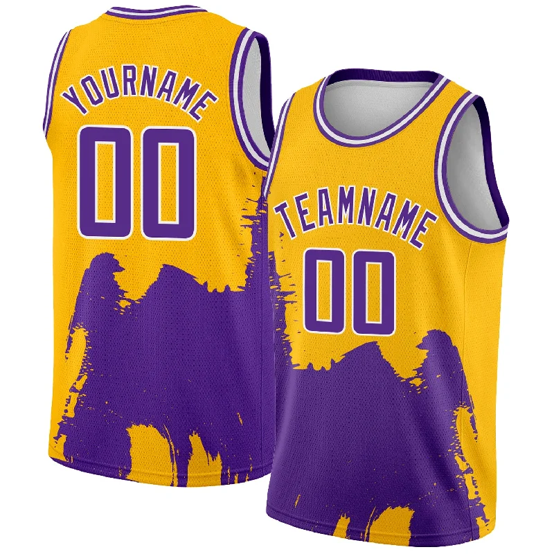 Basketball Jersey With Water Resistance-Custom Gold Purple-White 3D Pattern Design Abstract Grunge Halftone Art Authentic Basketball Jersey